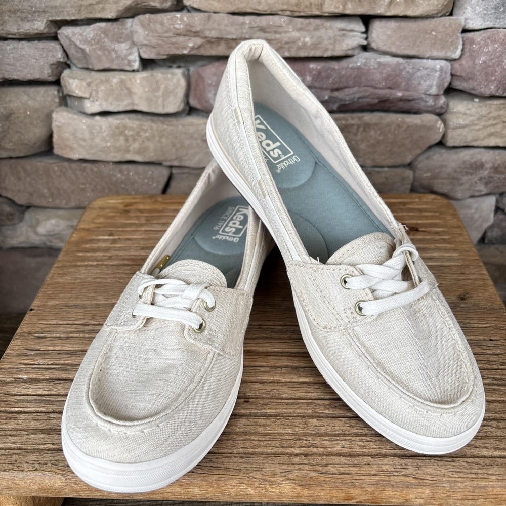 Keds Boat Shoes Women 7.5 Ortholite Moc-Toe Canvas Lace Up Casual Comfort Lt Tan
